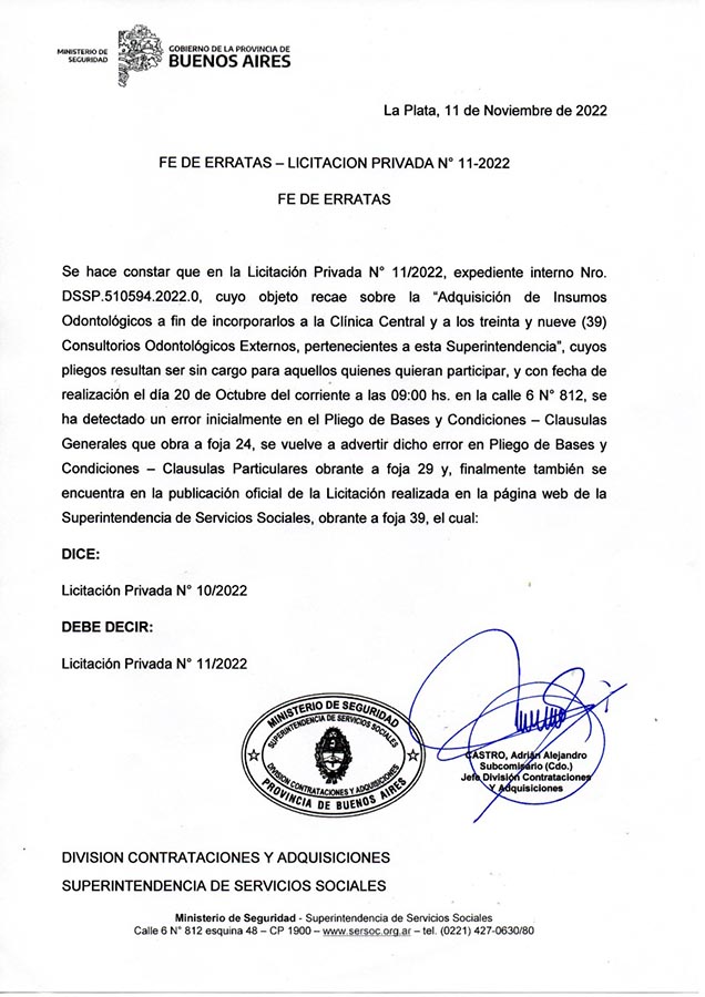 Fe de erratas - Licitación privada N° 11-2022